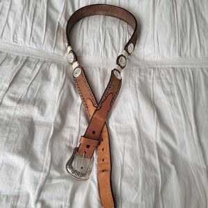 Nocona Western Concho Belt Brown Leather Tooled Basketweave Rawhide
